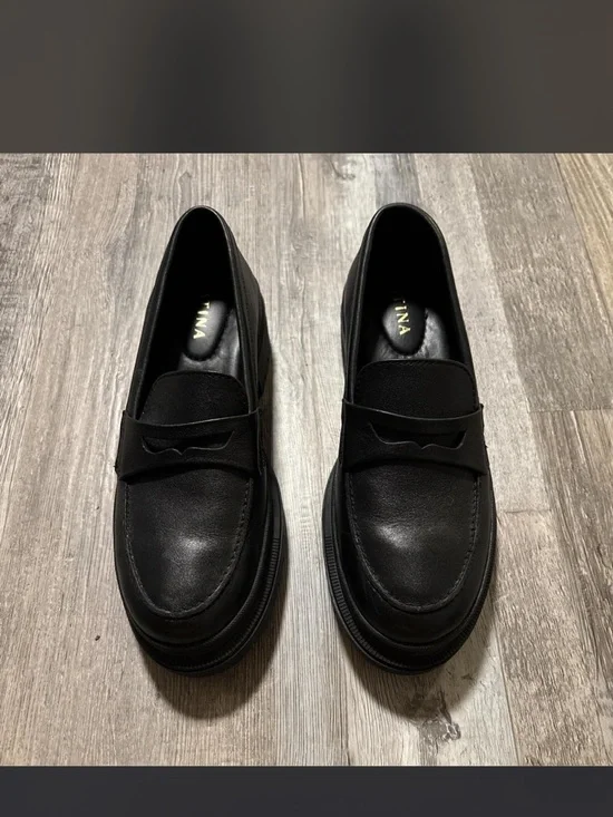 Women's Black Platform Penny Loafers - Sleek Slip-On Flats - Picture 2 of 5
